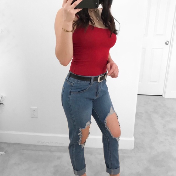 denim blue cutout ripped boyfriend jeans - Picture 3 of 5